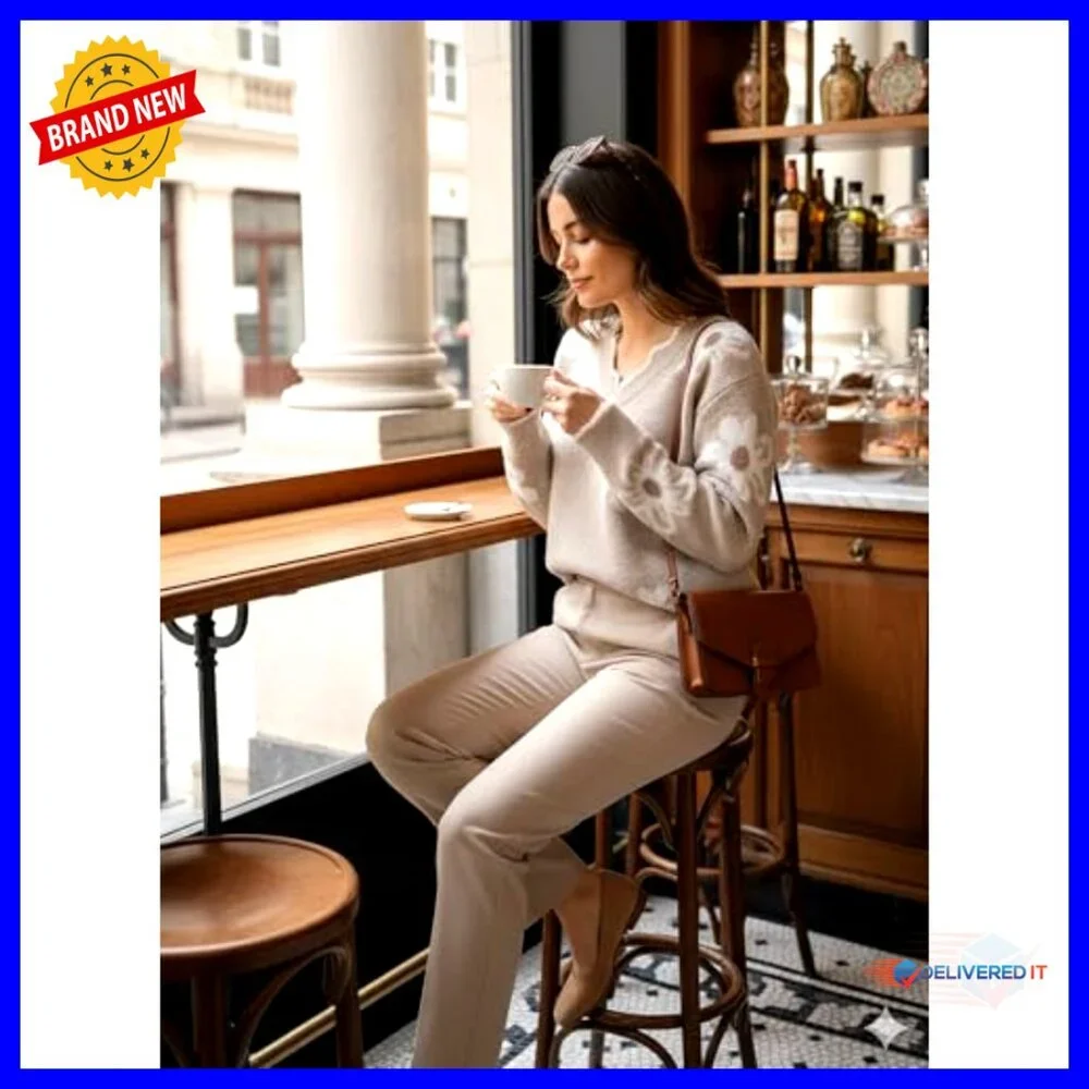 V-Neck Ribbed Knit Pullover Sweater Fuzzy Floral Pattern Cozy Casual Tops - Picture 3 of 7